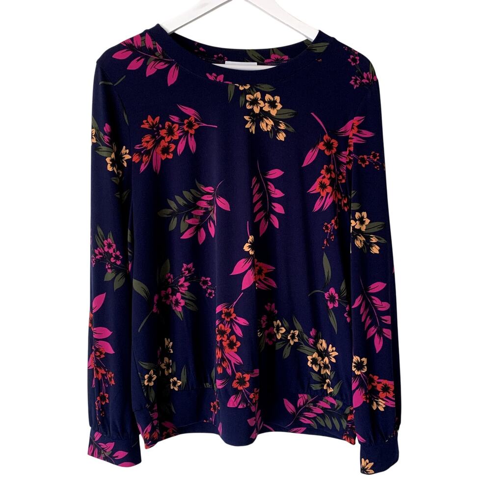 Leota Blouse Size L Blue Tropical Floral Pullover Stretch Woven Colorful Shirt1